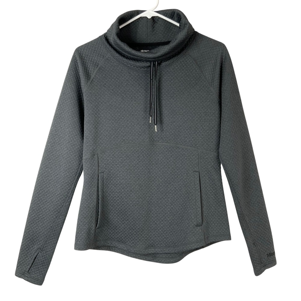Marmot Gray Quilted Sweater Small Drawstring Cowl Neck Long Sleeve Thumbholes